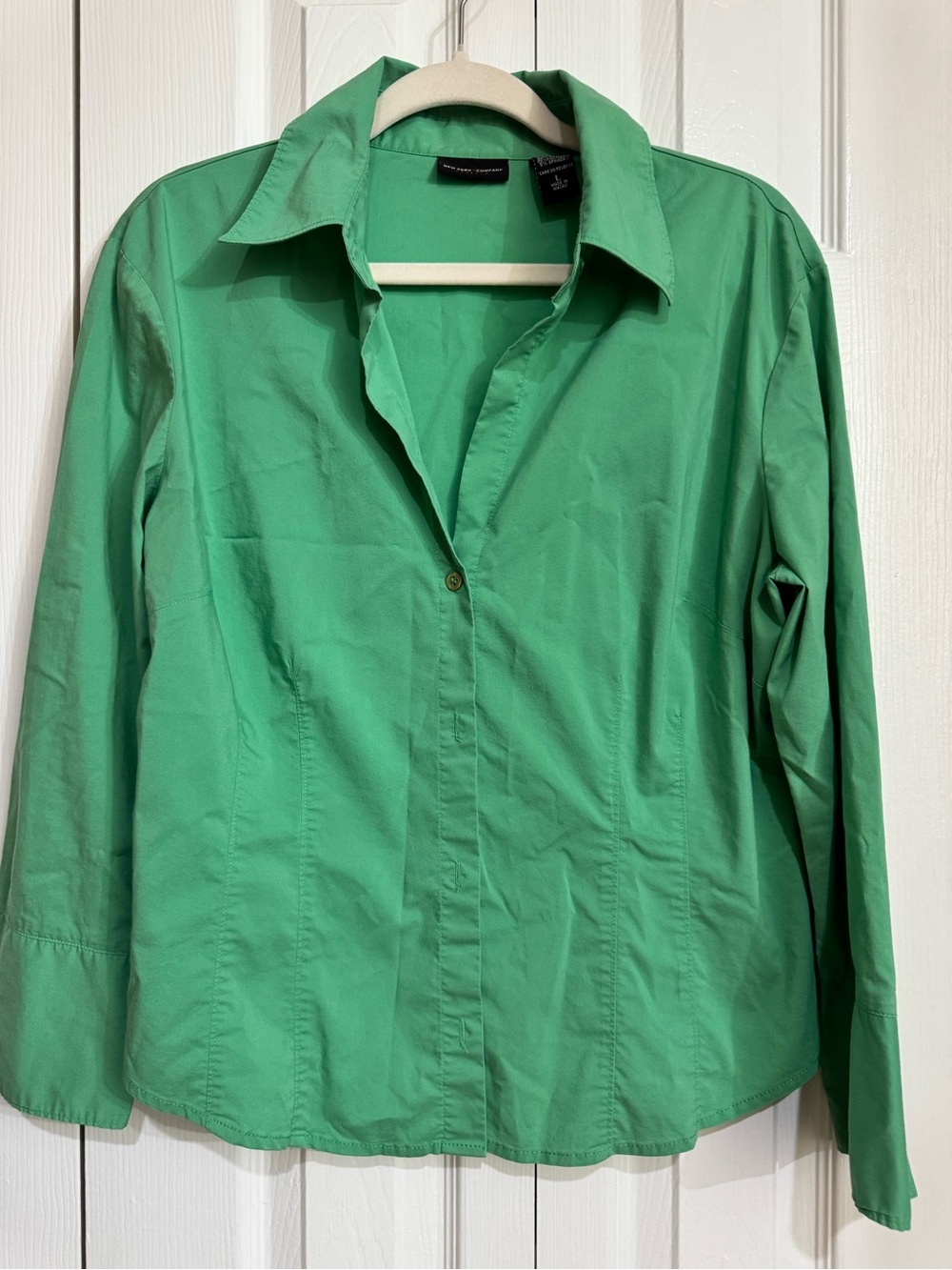 New York & Company Stretch Cotton Button-Front Shirt Green Stretch Cotton Shirt - Picture 2 of 2